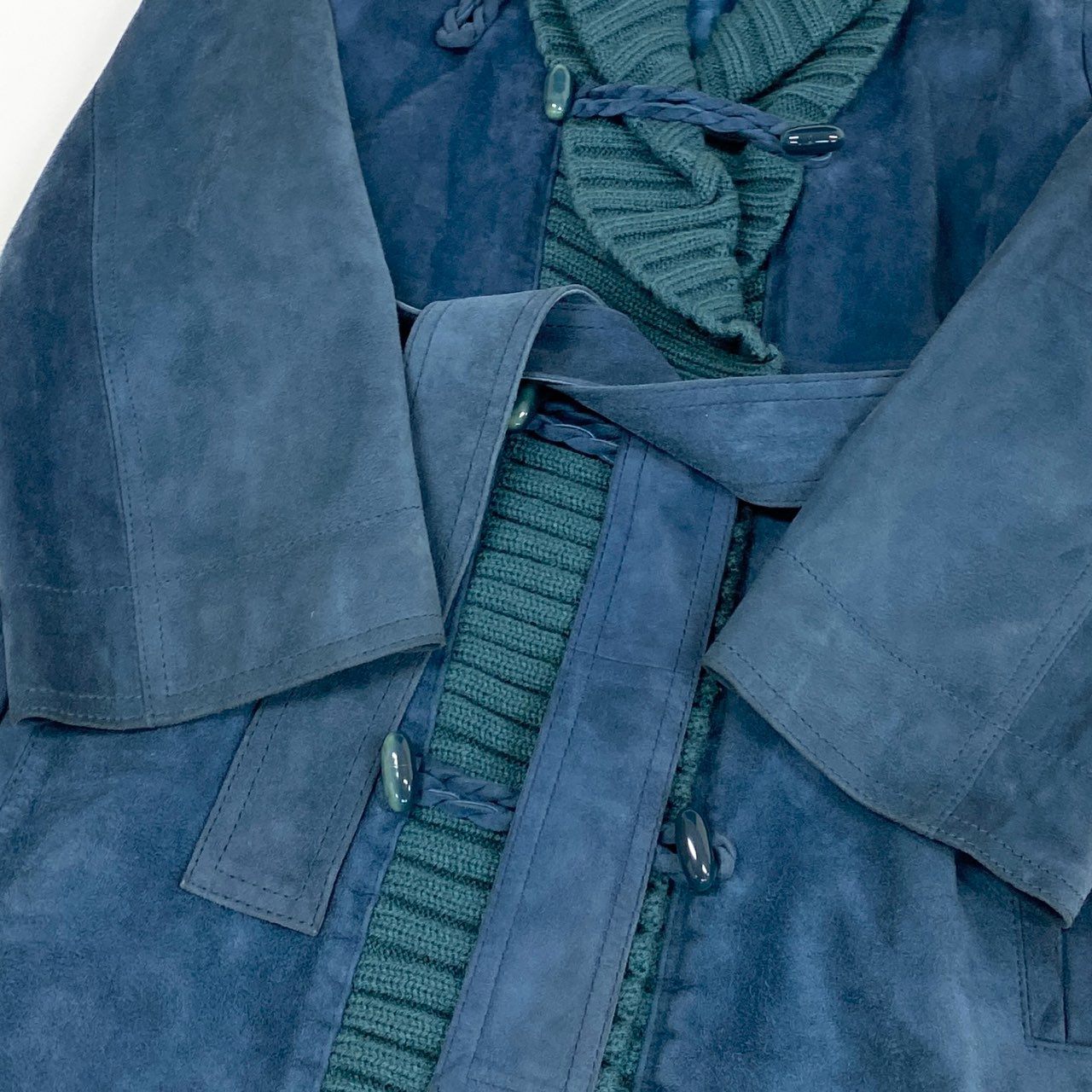 60L16 Vintage YVES SAINT LAURENT イヴサンローラン ヴィンテージ レザーコート ベルテッドコート ロング丈 ニット切替 L ブルー系 表記タグ欠損 レディースu02t