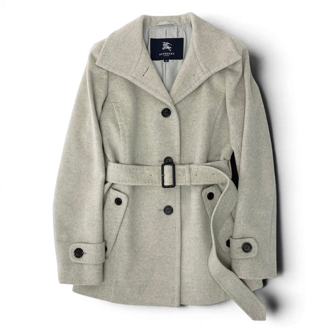 23e7 BURBERRY LONDON バーバリー ステンカラーコート ミドル丈 ウエストベルト付 ウールアンゴラ混 アウター サイズ38 グレー レディース 女性服u02t