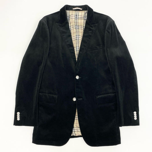 62g18 BURBERRY BLACK LABEL バーバリーブラックレーベル 裏地ノバチェック ベロア テーラードジャケット ブレザー ピークドラペル 大きいサイズ LL ブラック メンズ