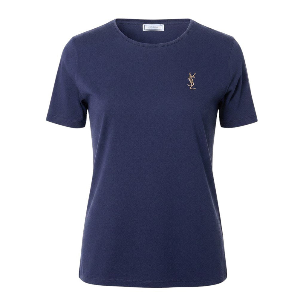 If26 YVES SAINTLAURENT イヴサンローラン 半袖カットソー ラインストーン ブランドロゴ コットンシャツ Tシャツ レディース 女性用 WN73-267 M ネイビー 綿100％u02t