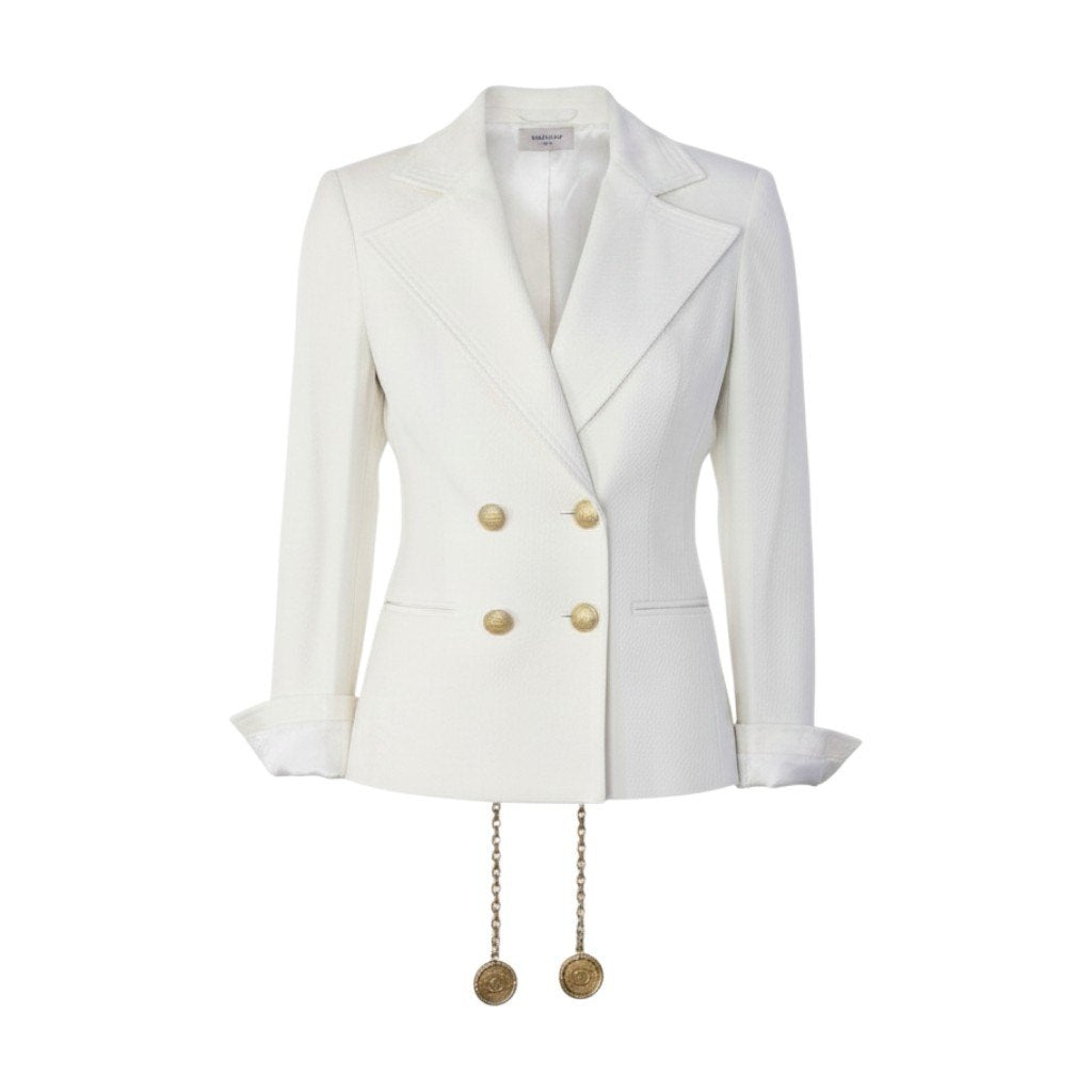 Ce27 CHANEL BOUTIQUE シャネル テーラードジャケット ココマークチェーン 金ボタン サイズ36 ホワイト レディース 女性服ta1