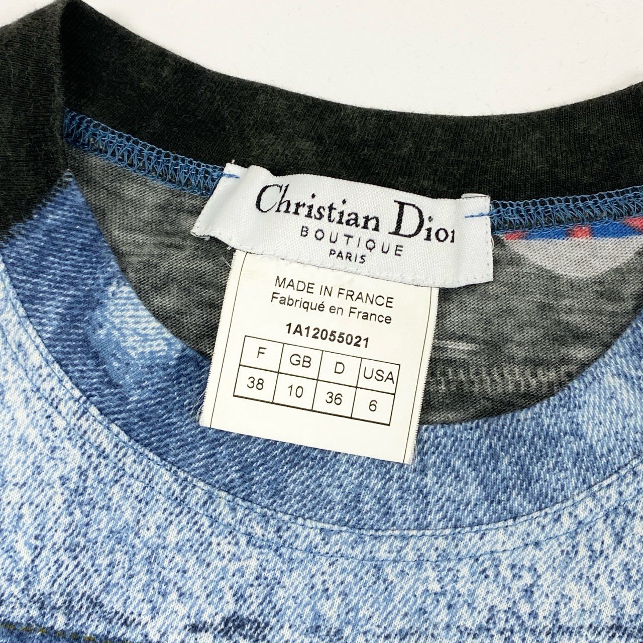 Ic6 Christian Dior クリスチャンディオール ガリアーノ期 デニム転写プリント 半袖Tシャツ カットソー 1A12055021 38 ブルー コットン レディースu02t