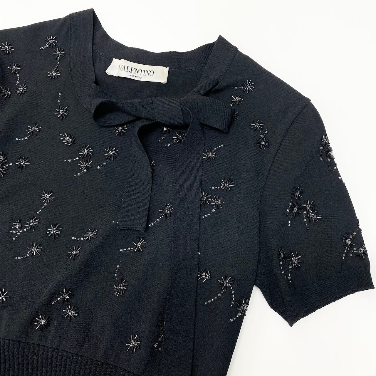 83c27 VALENTINO ヴァレンティノ ビジューリボンドレスワンピース ビーズ刺繍 ストレッチ 膝丈 NB3KD0193FG Sサイズ ブラック レディース 女性用u02t
