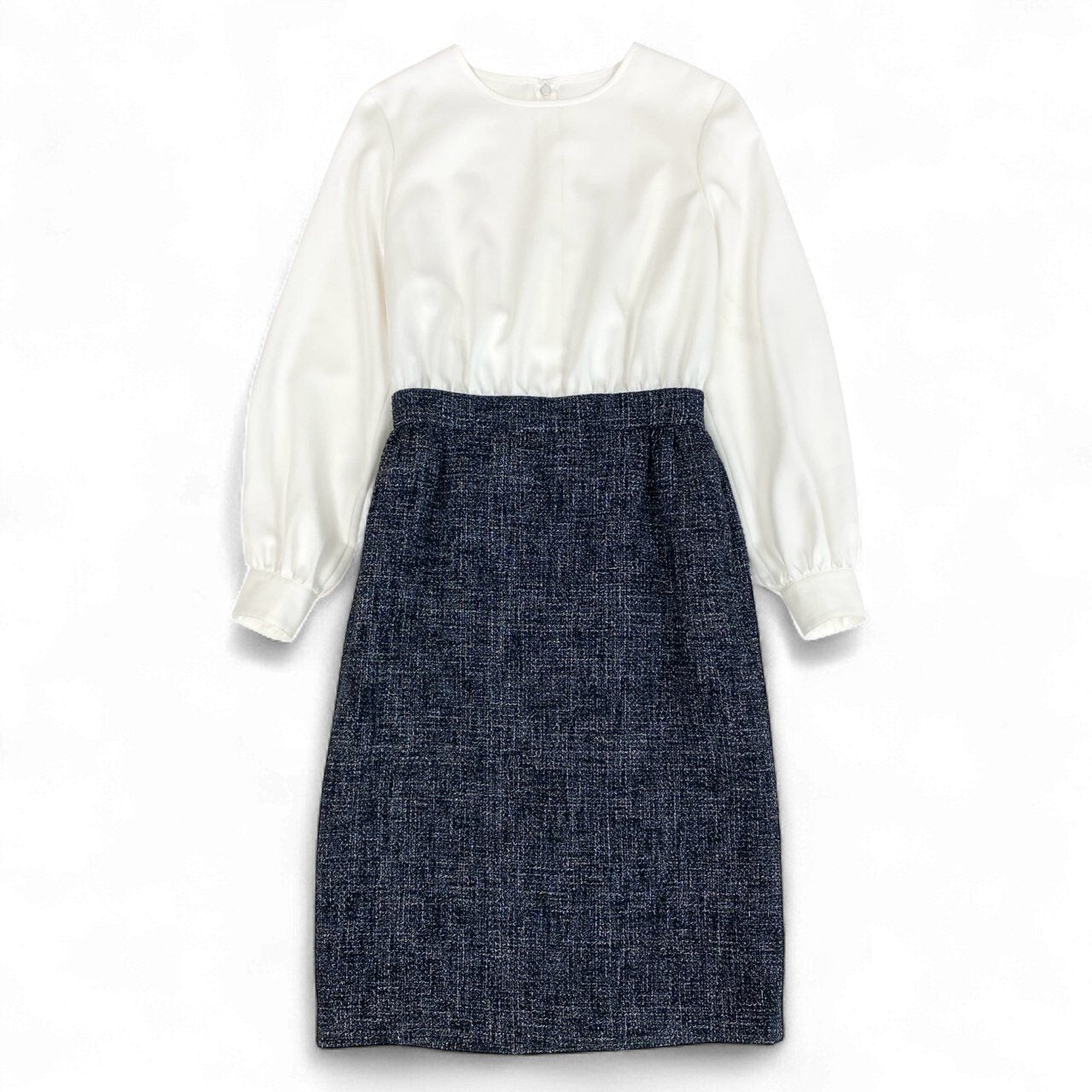 3k19 Rene ルネ ツイード切替 シフォン 長袖ワンピース 切替ワンピース サイズ36 ホワイト ネイビー レディース 女性用k02i