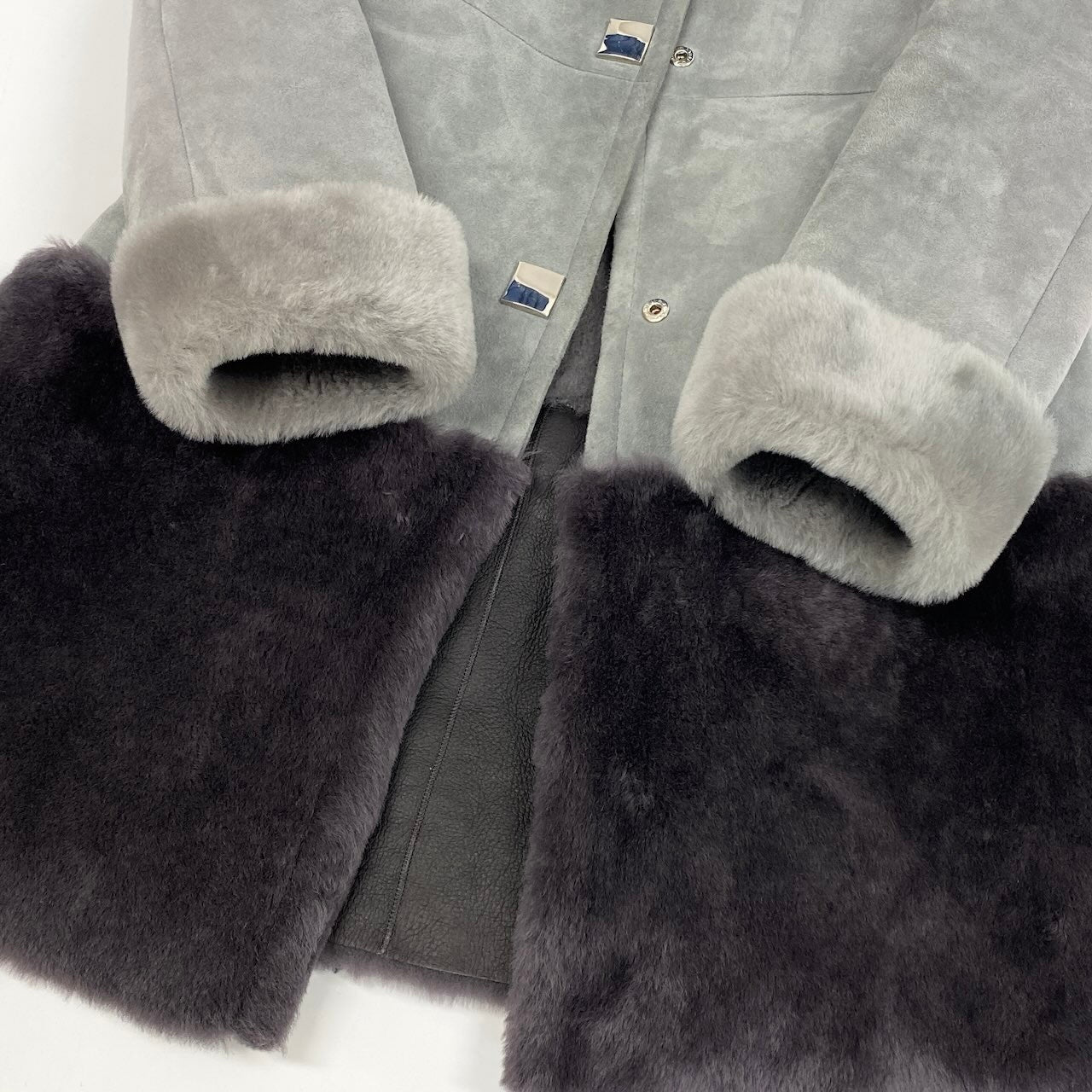 44d27 Deri Sarayi デリサライ ムートンコート ノーカラーコート ITサイズ42 グレー シアリング レディース 女性服u02t