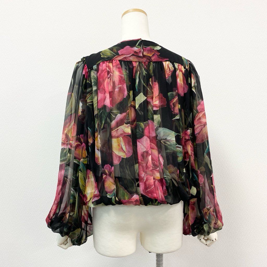 4f7 【美品】 DOLCE&GABBANA ドルチェ＆ガッバーナ シルク100％ 花柄シアーブラウス パフスリーブ ローズプリント サイズ36 マルチカラー レディース ブラウス