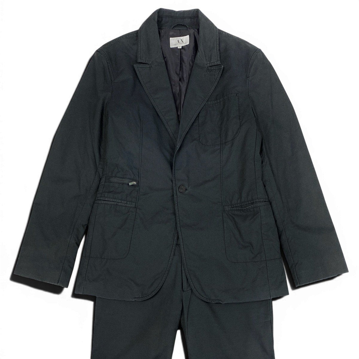 7f4 ARMANI EXCHANGE アルマーニエクスチェンジ セットアップスーツ シングル 中綿 ストライプ柄 サイズM/28REG ネイビー メンズ 紳士服o07t