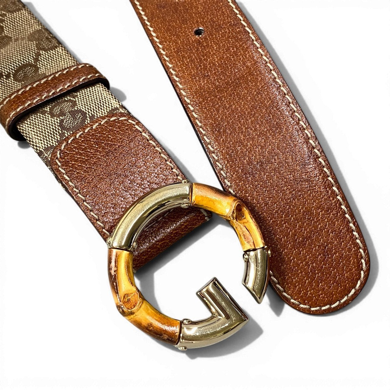 d9 GUCCI グッチ GGキャンバス バンブーバックル ベルト ベージュ系