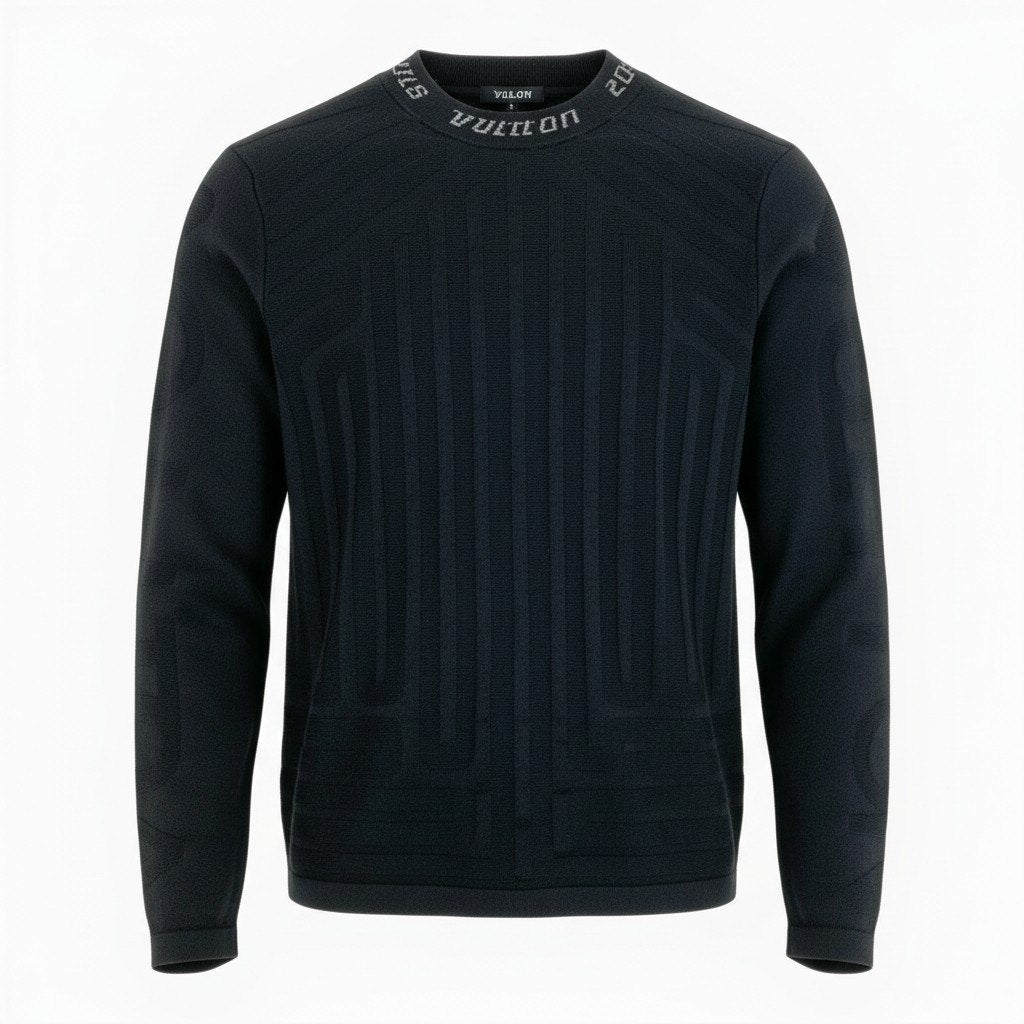 20a26 LOUIS VUITTON ルイヴィトン LVネックロゴ クルーネックセーター バックLVロゴ ニットセーター Lサイズ ブラック メンズo07t