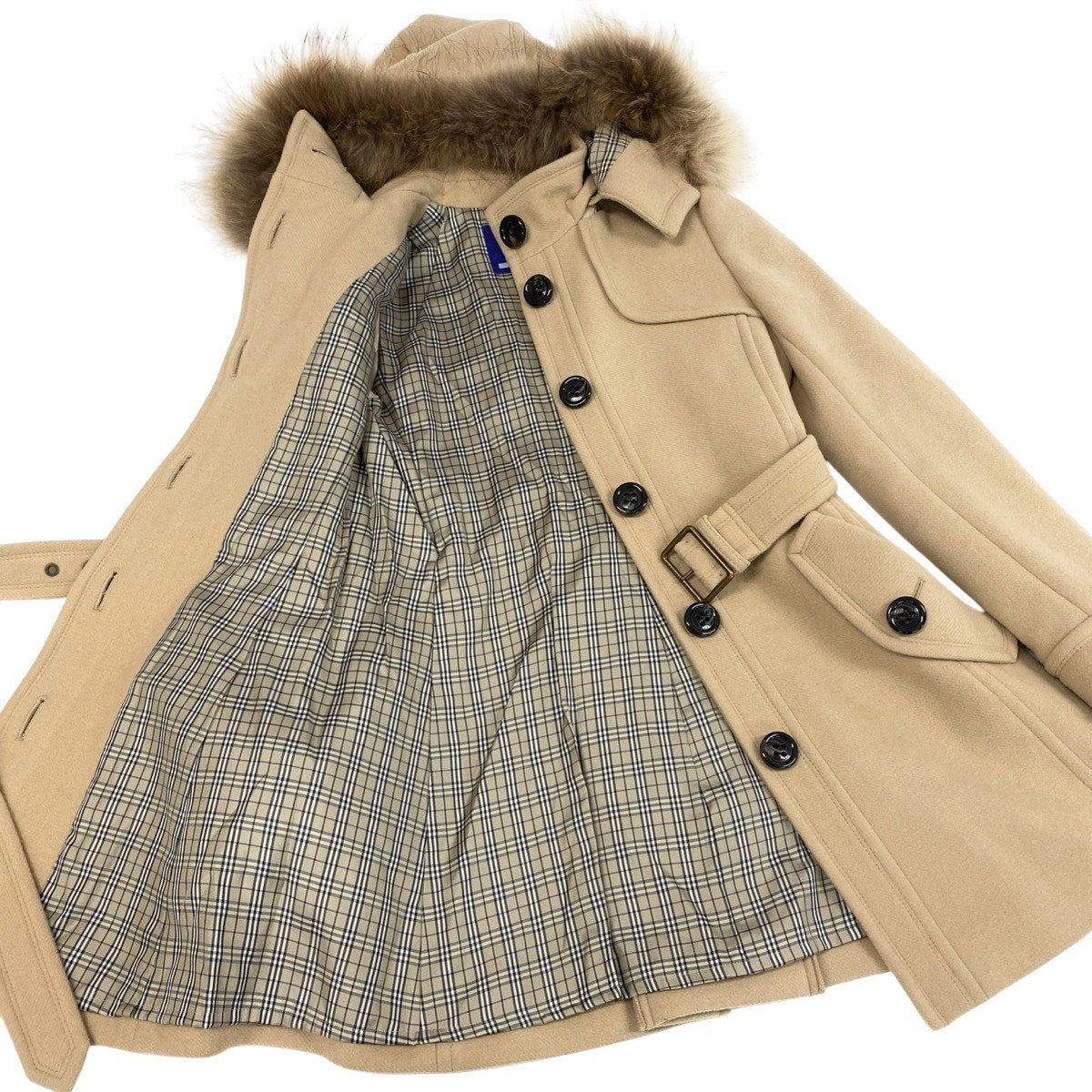 j23 BURBERRY BLUE LABEL スタンドカラーフーディーウールコート アウター 38サイズ ベージュ レディース 女性用u02t