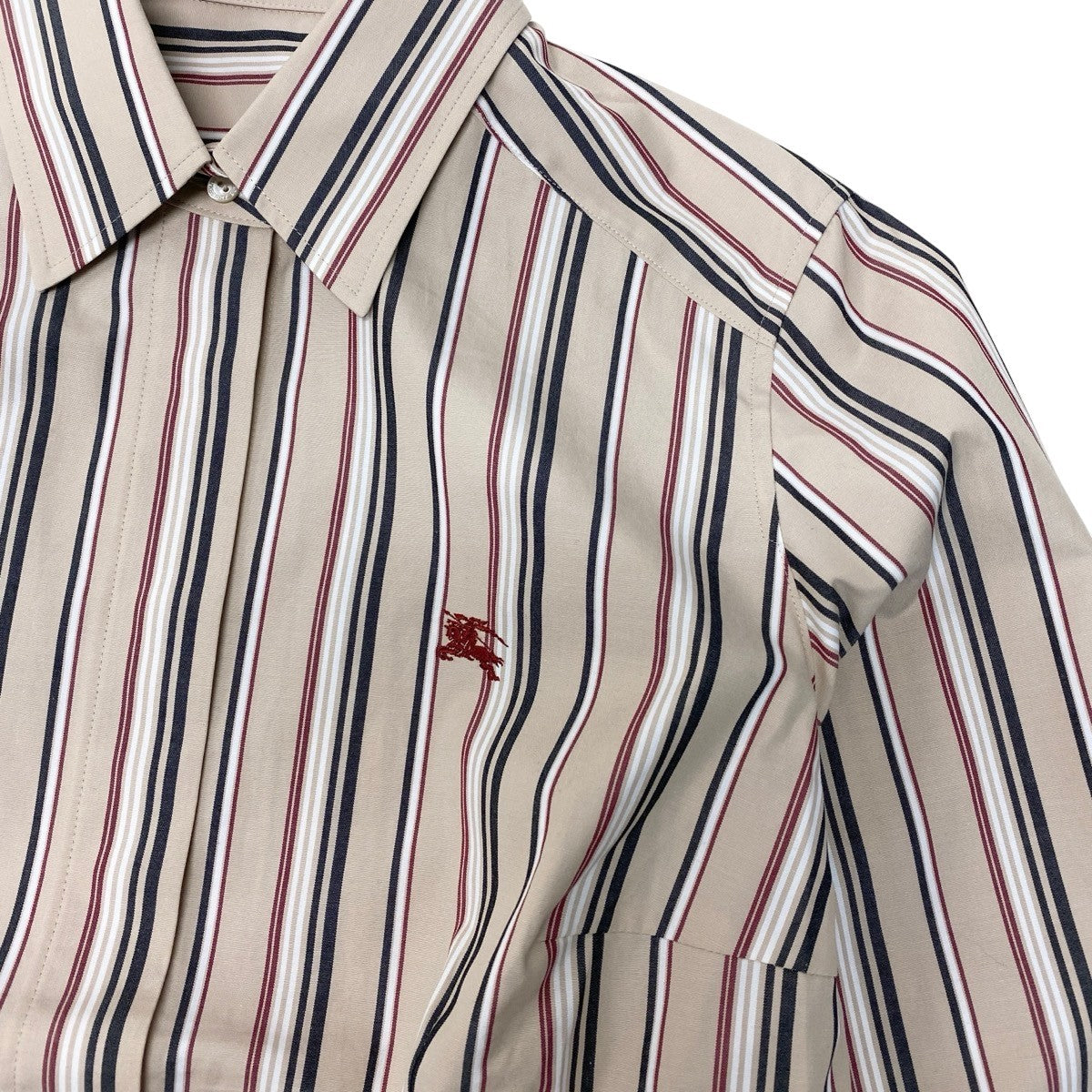 Ih10 BURBERRY LONDON バーバリー ロングスリーブシャツ ストライプ柄 ロゴ刺繍 サイズ44 ベージュ コットン100％ レディースo07t