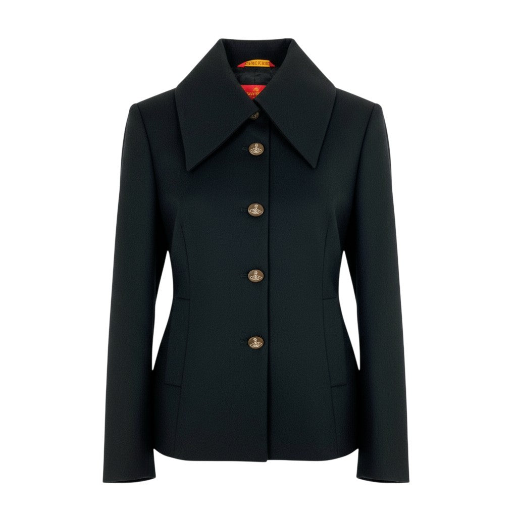 28k6《美品》 Vivienne Westwood RED LABEL ヴィヴィアンウエストウッド レッドレーベル オーブボタン カシミヤブレンド Aライン ジャケット 1 ブラックt18r