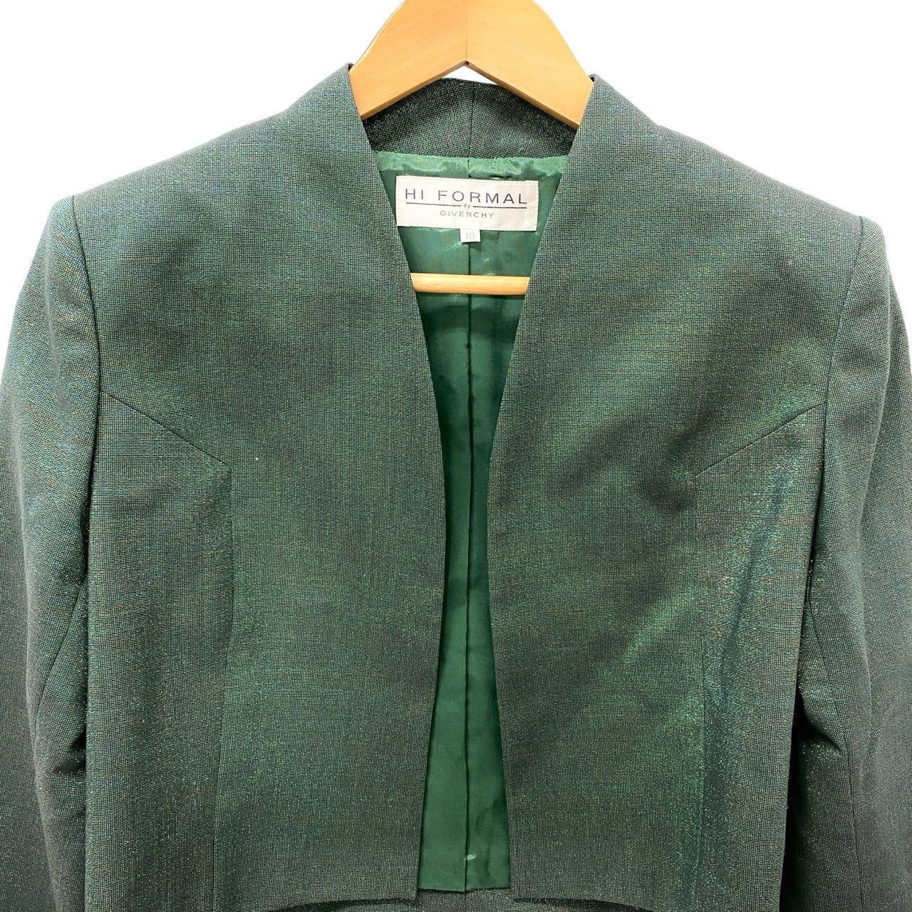 87c6 《美品》 GIVENCHY ジバンシー 光沢ラメ生地 クロップドジャケット ノーカラージャケット 10 グリーン レディースu02t