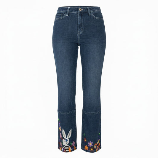 59a21 OLLEBOREBLA オレボレブラ アルベロベロ デニムパンツ ジーンズ 裾ビーズ刺繍 ウサギ 花柄 ストレッチ〇 レディース 女性用 M インディゴブルーo07t