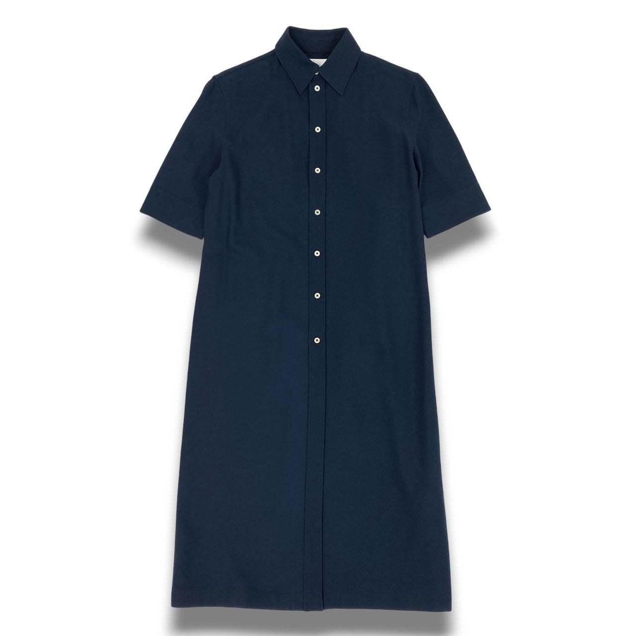 60b22 JIL SANDER ジルサンダー シャツワンピース ロングワンピース 半袖 コットンシルク混 レディース 女性服 サイズ32 ネイビーu02t
