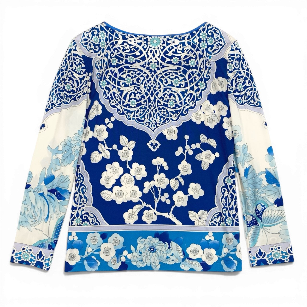 56d13 LEONARD PARIS レオナール ロングスリーブカットソー 美しい花柄プリント ボートネック トップス イタリア製 サイズ40 ブルー ホワイト シルク100％ レディース 女性用u02t
