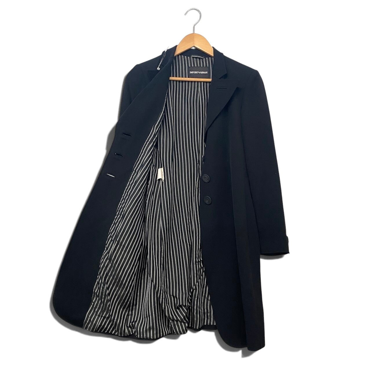 35h31 EMPORIO ARMANI エンポリオアルマーニ チェスターコート ロングコート 裏地ストライプ柄 サイズ38 ブラック レディースo07t