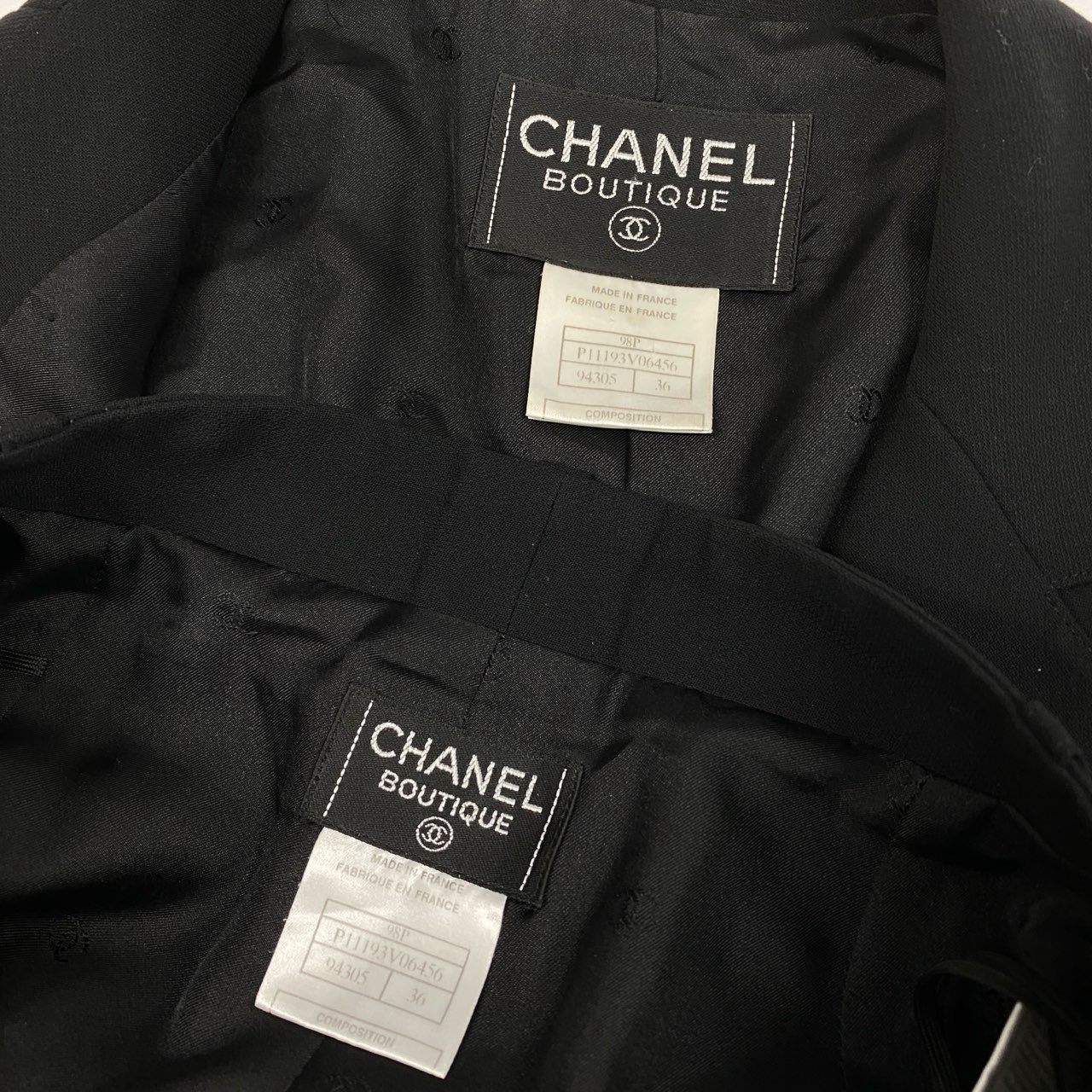 Ca15 CHANEL シャネル 1991年 P11193 スタイルアップ ジャケット パンツ セットアップサイズ36 ブラック レディースta1