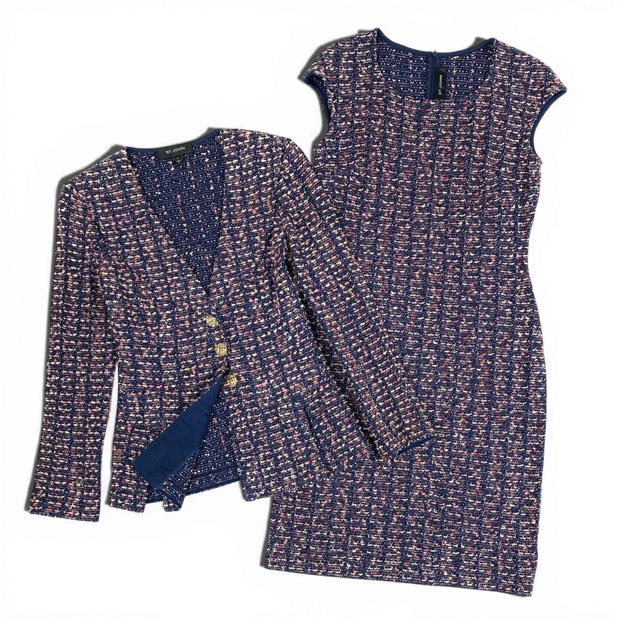 36a7 ST.JOHN セントジョン ワンピース ジャケット セットアップ アンサンブル 金ボタン ツイード 4 XLサイズ ネイビー ピンク系 レディースo07t