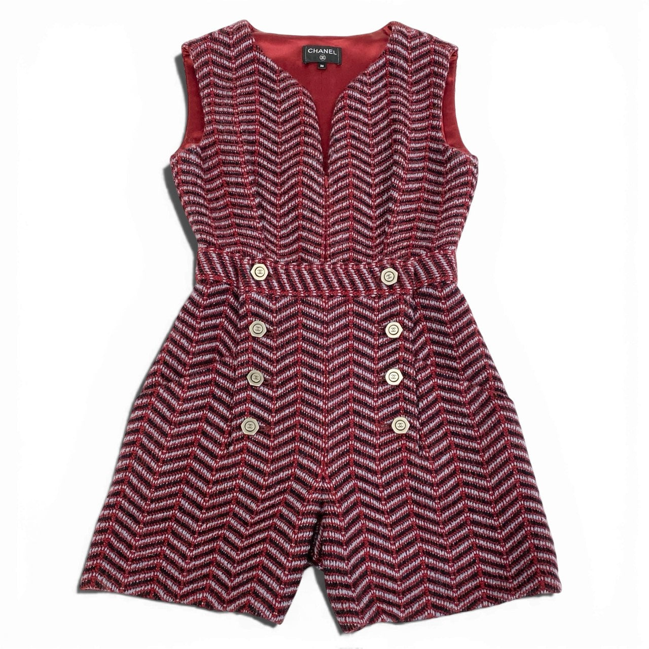 Ca14 CHANEL シャネル P59404 2018 ココマークボタン ツイード ショートサロペット オールインワン トップス サイズ36 ボルドー系 レディースta1