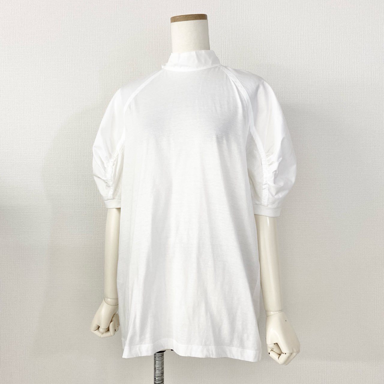 37e26 《美品》 イタリア製 PRADA プラダ 生地切替 ボウタイブラウス 半袖Tシャツ 袖リブ サイズS ホワイト レディース 女性用