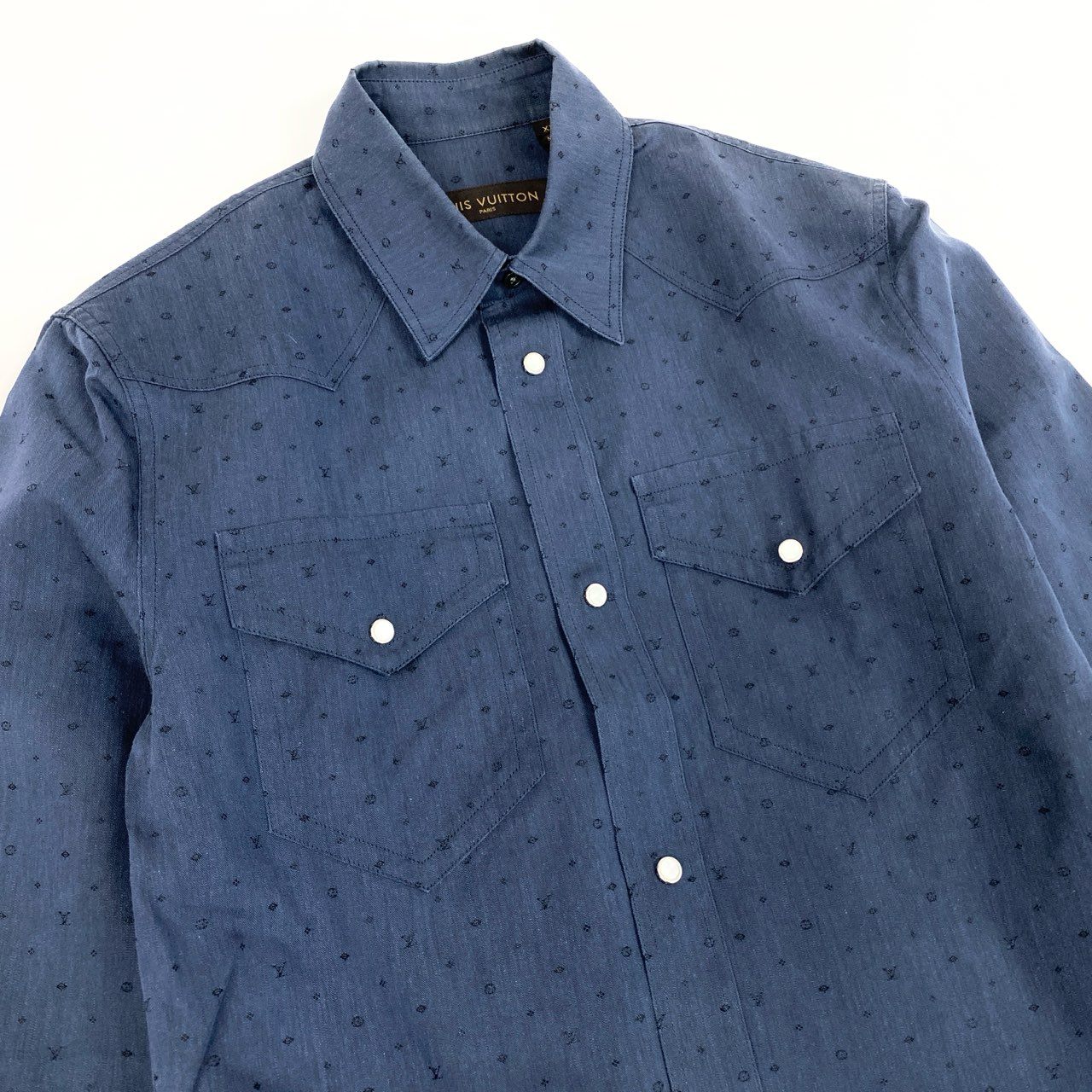 51b12 LOUIS VUITTON ルイヴィトン ロングスリーブシャツ ウエスタンシャツ モノグラム スナップボタン XXSサイズ ネイビー メンズ 男性用u02t