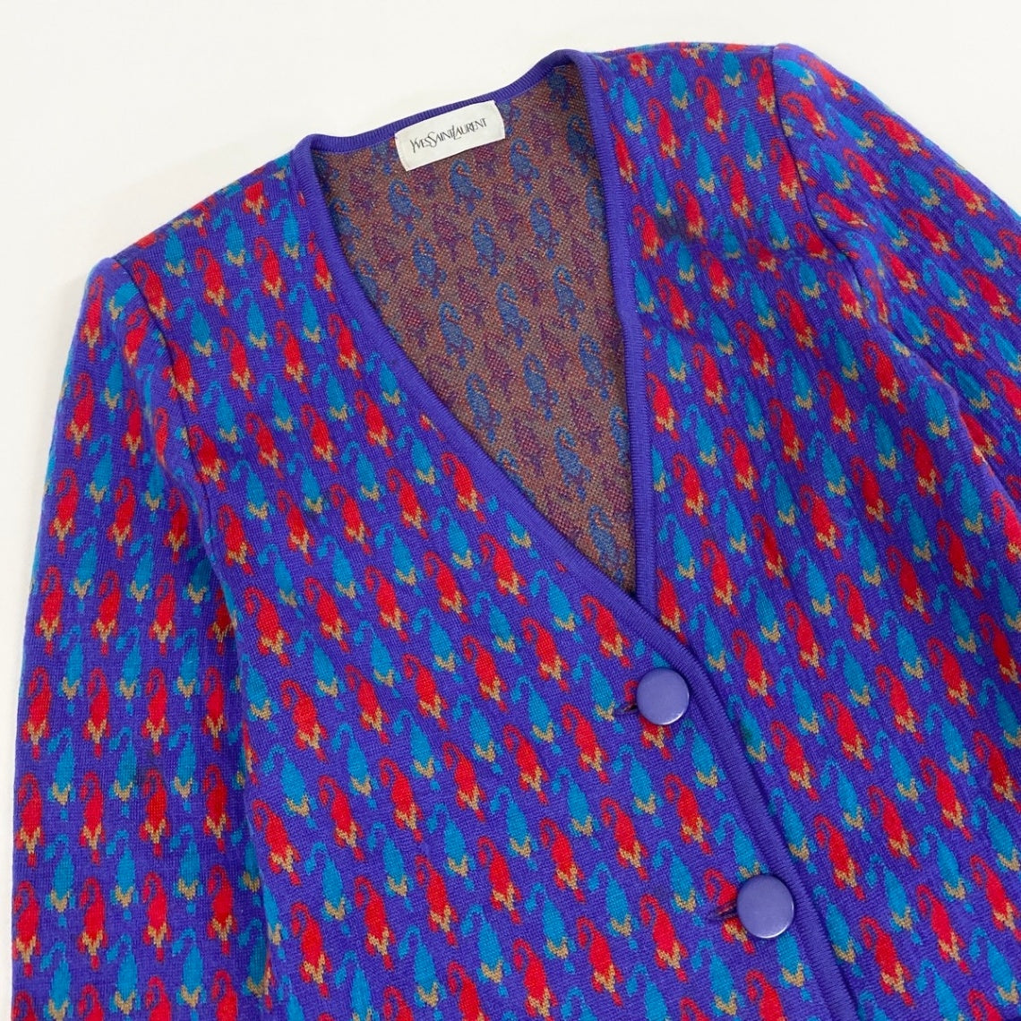 63f2 YVES SAINT LAURENT イヴサンローラン ロングニットカーディガン ウールニット 総柄  パープル ウール100％ レディース 女性服o07t