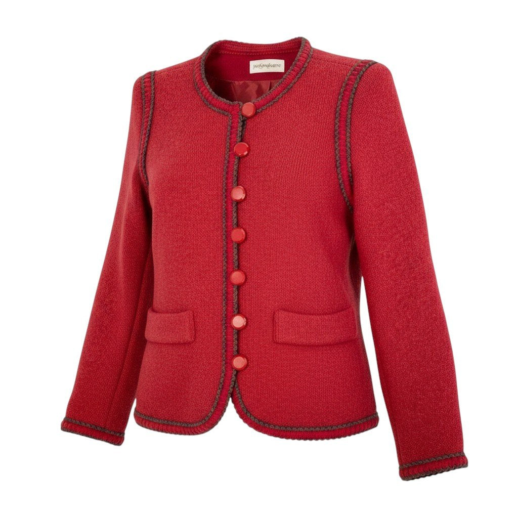 78f2 YVES SAINT LAURENT イヴサンローラン ノーカラー ニットジャケット ニットカーディガン ウールブレンド サイズM レッド レディース 女性服o07t