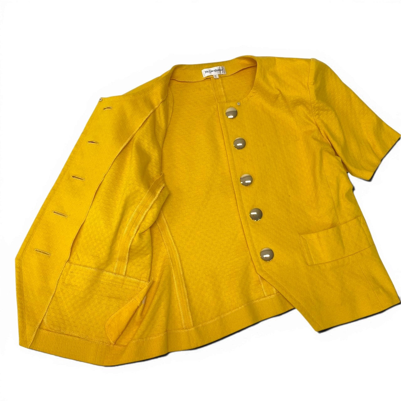 29f15 YVES SAINT LAURENT イヴサンローラン セットアップ 金ボタン 半袖ジャケット スカート Lサイズ イエロー コットン レディースo07t