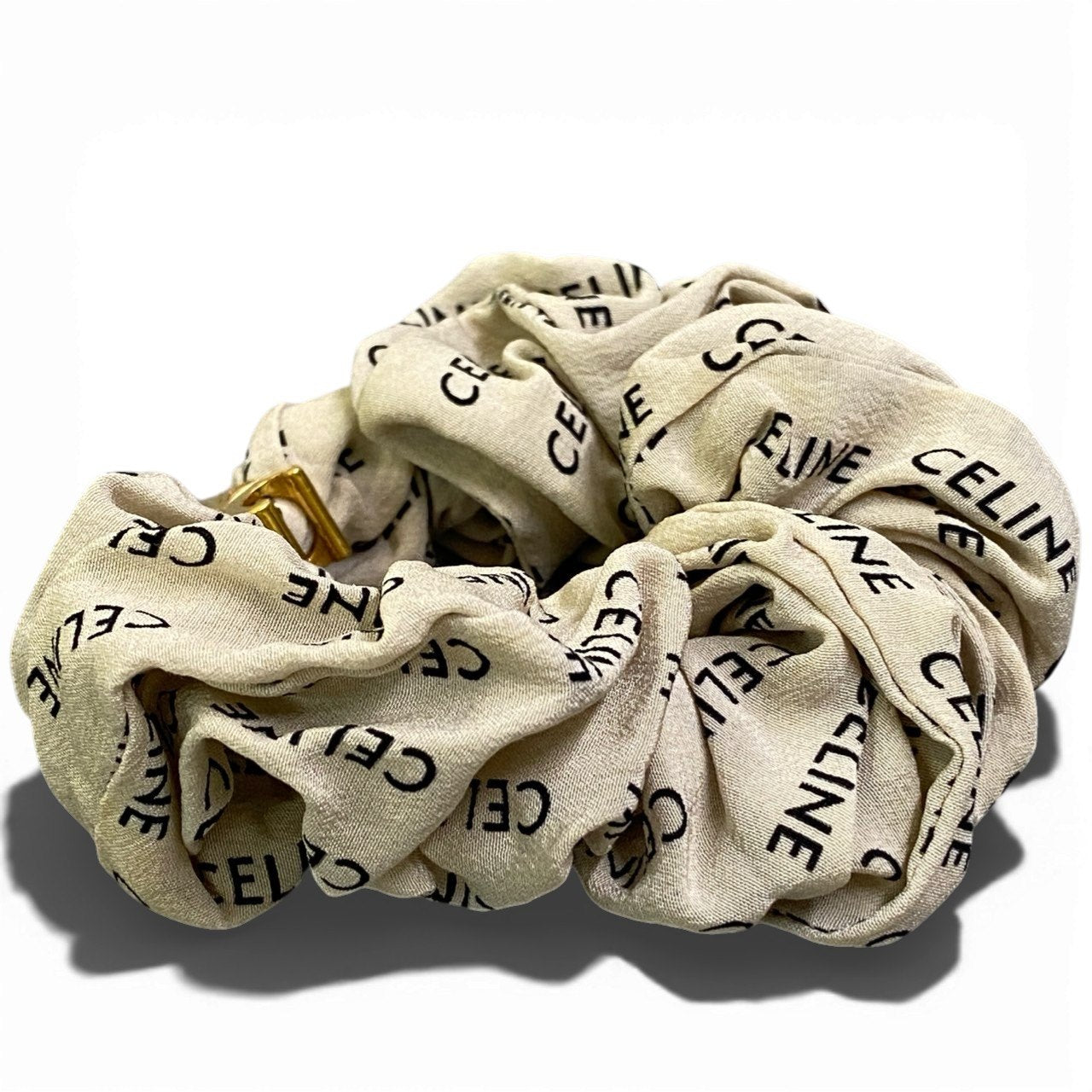 b16 CELINE セリーヌ ロゴ シュシュ ヘアアクセサリー トリオンフ ゴールド金具 グリーン シルク フランス製ta1