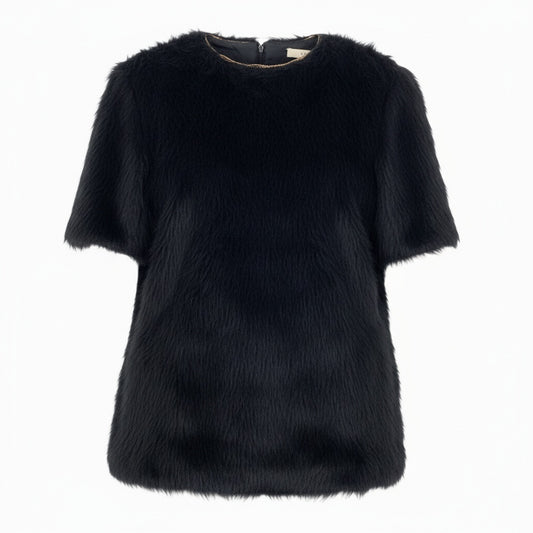 Eb11【美品】CELINE セリーヌ フィービー期 アルパカウールブラウス ファーカットソー 半袖カットソー トップス 36サイズ ブラック レディース 女性用k02i