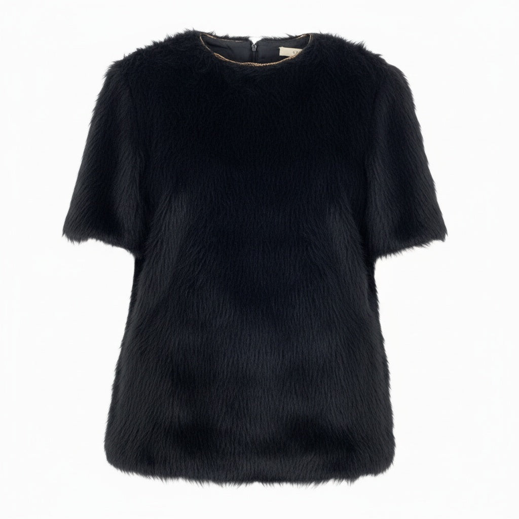 Eb11【美品】CELINE セリーヌ フィービー期 アルパカウールブラウス ファーカットソー 半袖カットソー トップス 36サイズ ブラック レディース 女性用k02i