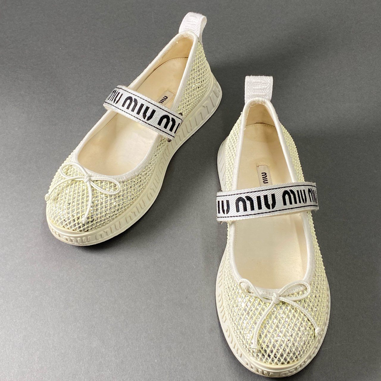 9f26 miu miu ミュウミュウ ベルクロ ブランドロゴ入り グリッタースニーカー シューズ サイズ37 1/2 オフホワイト レディース 靴