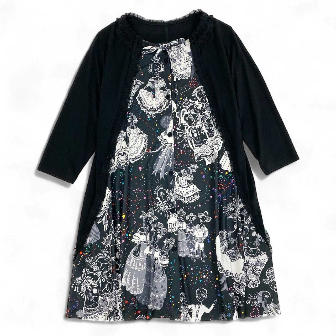 3k19《美品》 TOKUKO 1er VOL トクコプルミエヴォル ロングワンピース シャツワンピース 前開き Aライン プリント 9 ブラック レディースu02t