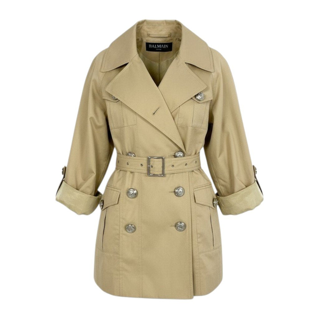 Ec24 BALMAIN バルマン ショートトレンチコート Short Trench Coat サイズ38 ベージュ スプリングコート 銀ボタンt18r