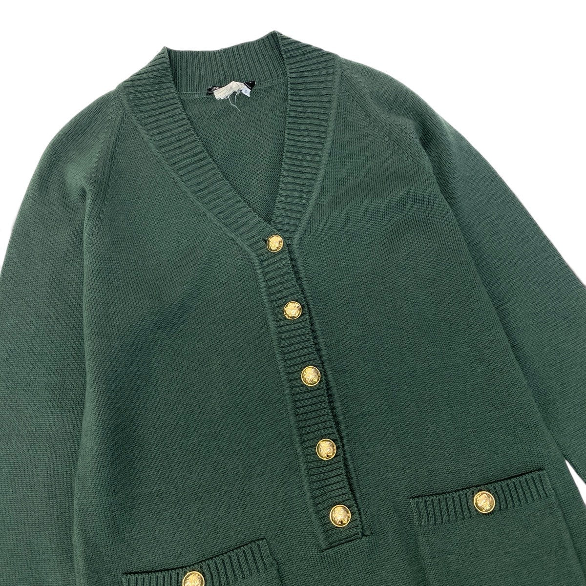 51i2 Salvatore Ferragamo サルヴァトーレフェラガモ ロングスリーブ ニットワンピース Vネック 金ボタン サイズS グリーン ウール100％ レディースo07t