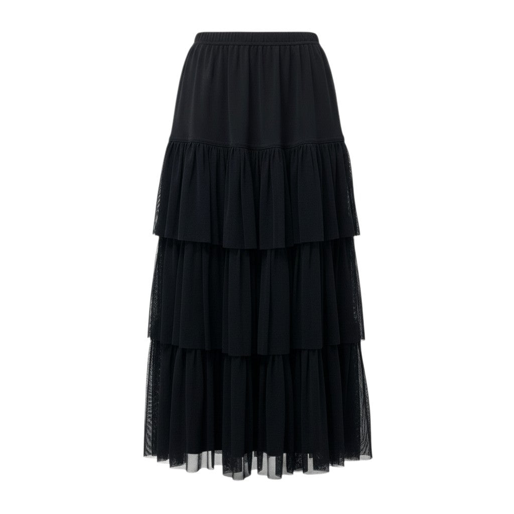 66c2 【美品】 TOKUKO 1er VOL トクコプルミエヴォル フリルスカート ティアードスカート ウエストゴム〇 ミモレ丈 レディース 女性服 日本製 サイズ9 ブラックu02t