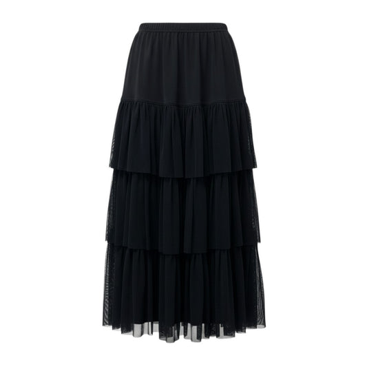 66c2 【美品】 TOKUKO 1er VOL トクコプルミエヴォル フリルスカート ティアードスカート ウエストゴム〇 ミモレ丈 レディース 女性服 日本製 サイズ9 ブラックu02t