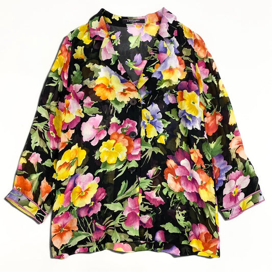 12i14 LEONARD レオナール 薄手ジャケット 長袖シャツ シルク シアージャケット 花柄  0331406 11R ブラック マルチカラー シルク100％ レディース 女性用u02t