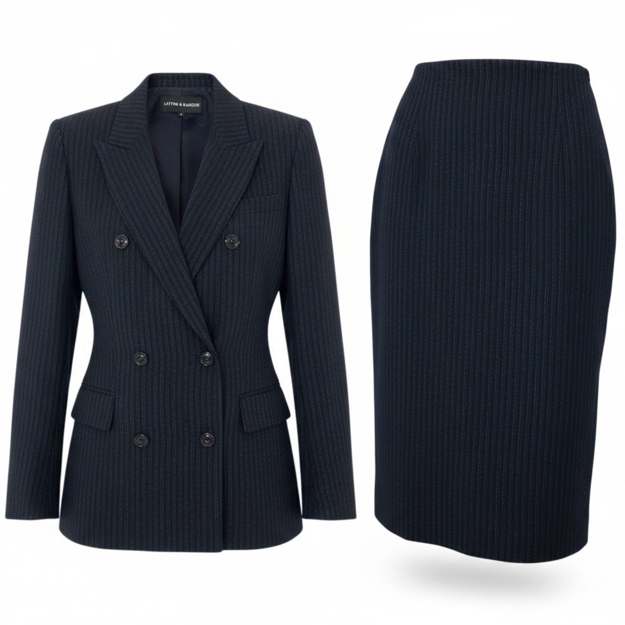 4k23《美品》 LAPINE BLANCHE ラピーヌブランシュ セットアップスカート ダブルブレストジャケット ストライプ柄 ウール混 レディース 女性用 9 ネイビーu02t