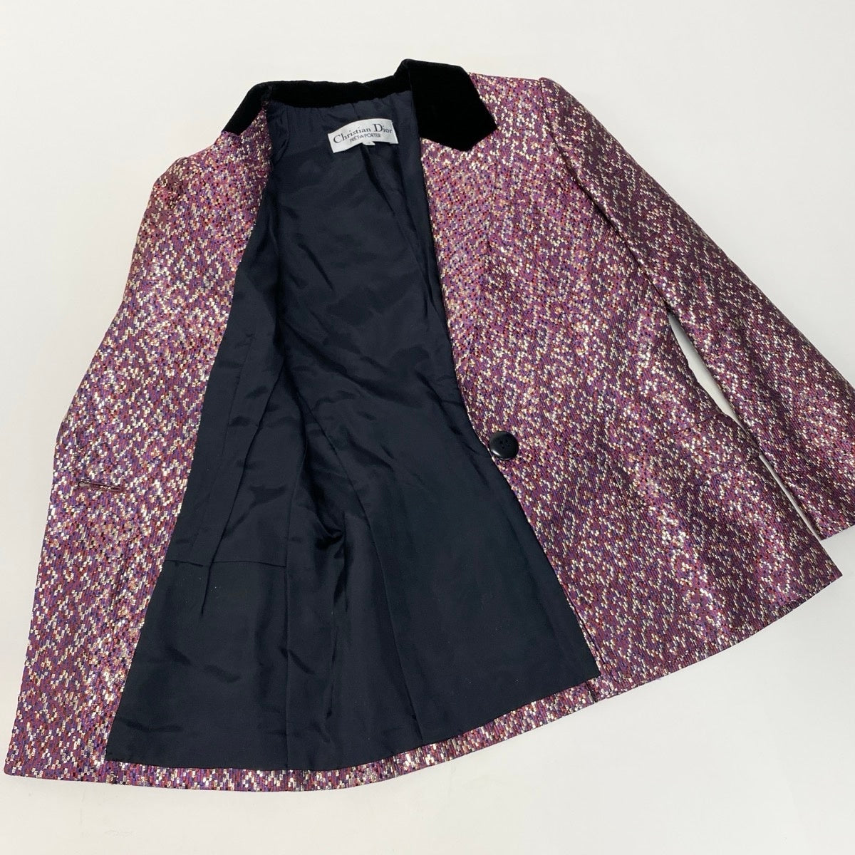 27g8 【美品】Christian Dior クリスチャンディオール テーラードジャケット ベロア切替 ラメ アウター Mサイズ パープル系 アセテート100％ レディース 女性用u02t