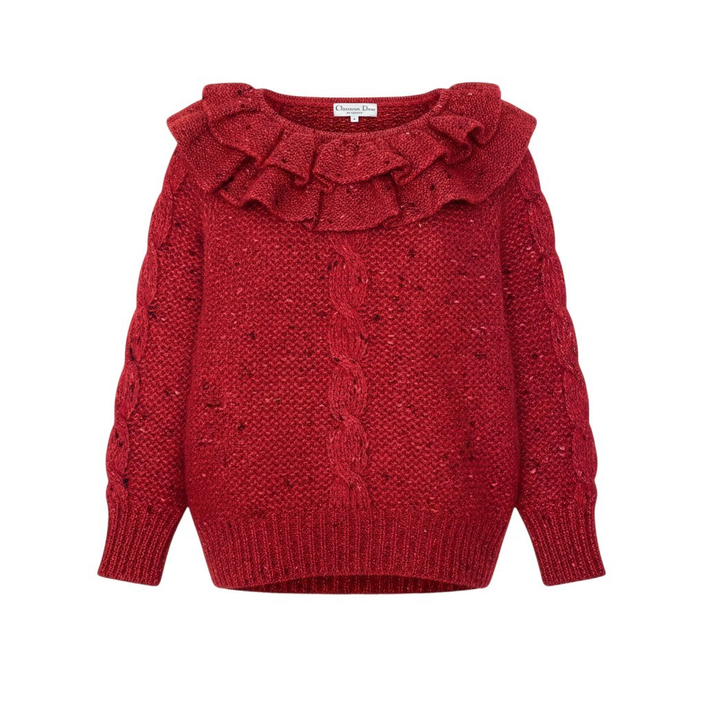 Eg6  Christian Dior クリスチャンディオール フリルネック ローゲージ ニットセーター サイズM レッド ウール100％ レディースo07t