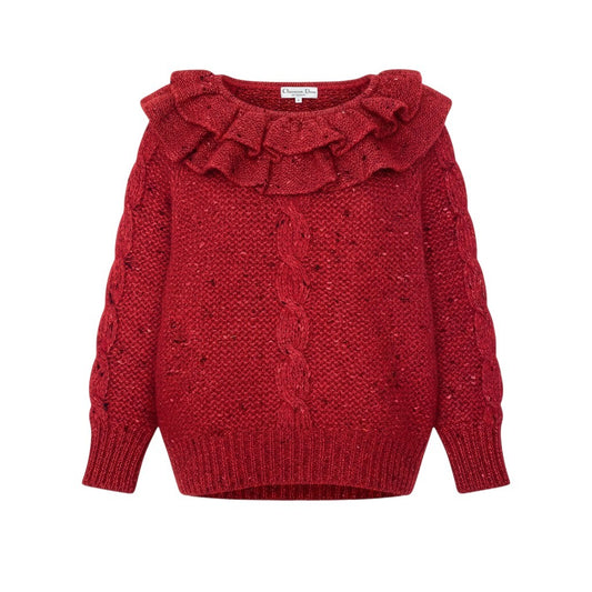 Eg6  Christian Dior クリスチャンディオール フリルネック ローゲージ ニットセーター サイズM レッド ウール100％ レディースo07t