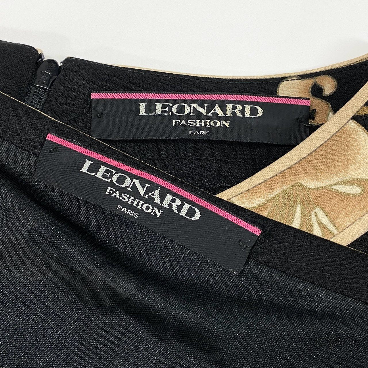 60d13 LEONARD FASHION レオナール セットアップスカート 美しい花柄プリント カンカン素材 長袖カットソー 膝丈スカート LL ブラック レディース 女性用o07t