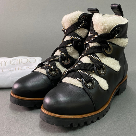 3g8《美品》定価￥175.000 JIMMY CHOO ジミーチュウ BEI FLAT ベイフラット ボアブーツ 35 ブラック レザー シューズ 保存袋有
