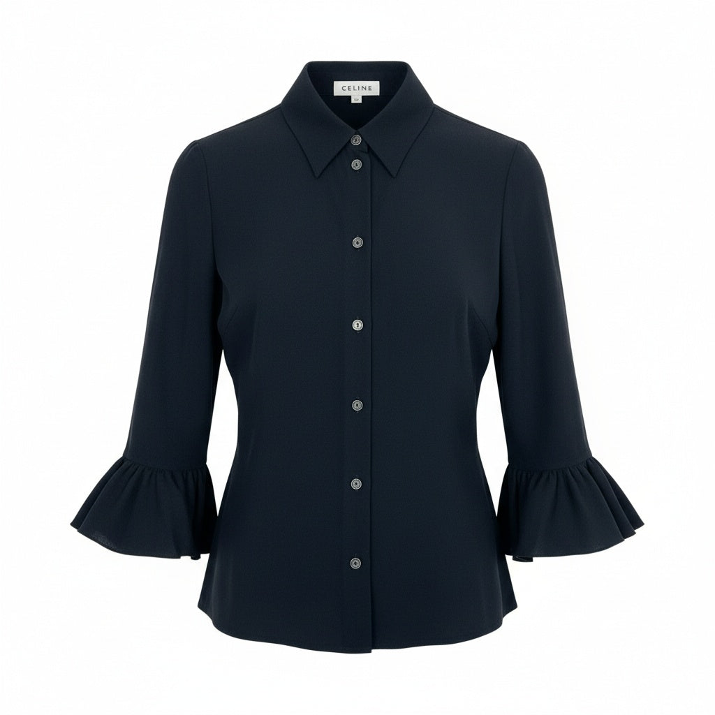 Eb23 CELINE セリーヌ フリルスリーブ ブラウス 長袖シャツ トップス 34 ネイビー シルク レディースu02t