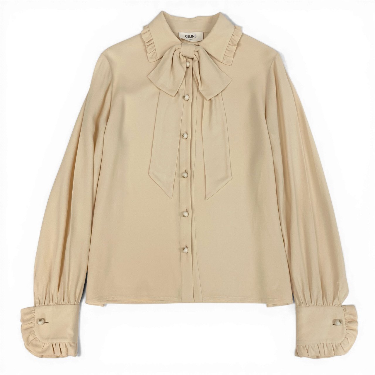 Ed9 CELINE セリーヌ サンドクレープ ボウタイ シルクブラウス マカダムロゴ ボールボタン サイズ36 アイボリー レディース トップスk02i
