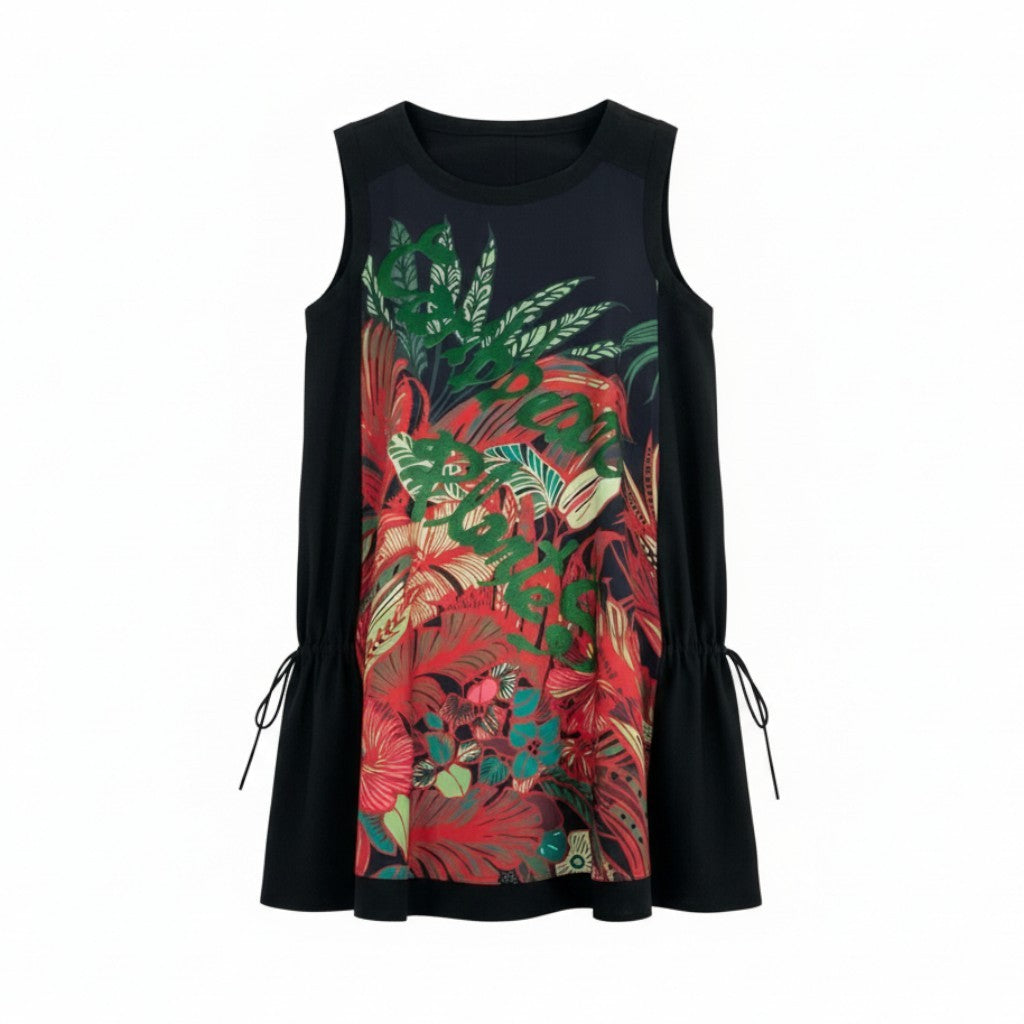 64k19《美品》TOKUKO 1er VOL トクコプルミエヴォル ノースリーブワンピース Aラインワンピース ボタニカル柄 刺繍 サイドリボン レディース 9 ブラックu02t