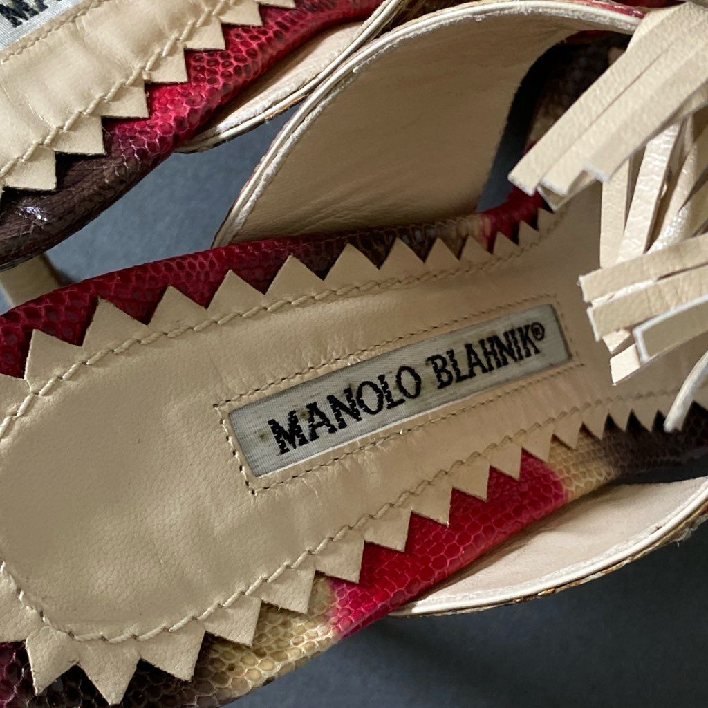 1g13 MANOLO BLAHNIK マノロブラニク サンダル フリンジデザイン エキゾチック サイズ34  パイソンレザー レディース