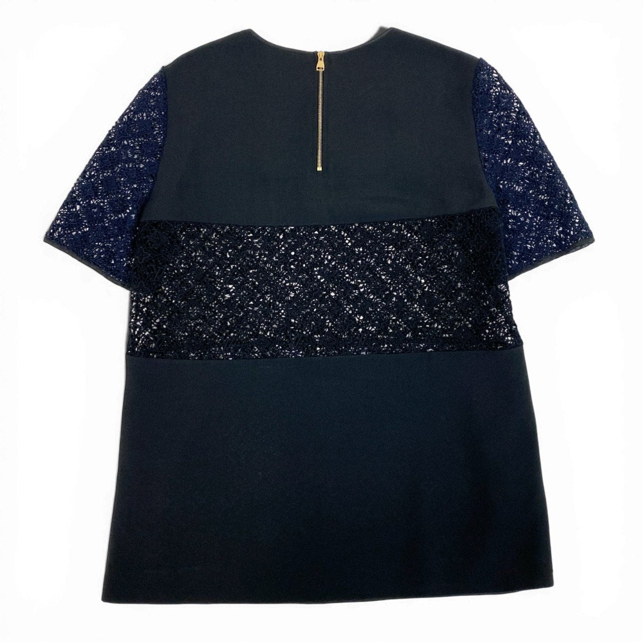 Eb19 LOUIS VUITTON ルイヴィトン モノグラム レースカットソー ショートスリーブ トップス 総柄 切替デザイン レディース Monogram Lace Top サイズ36 ネイビー ブラックt18r